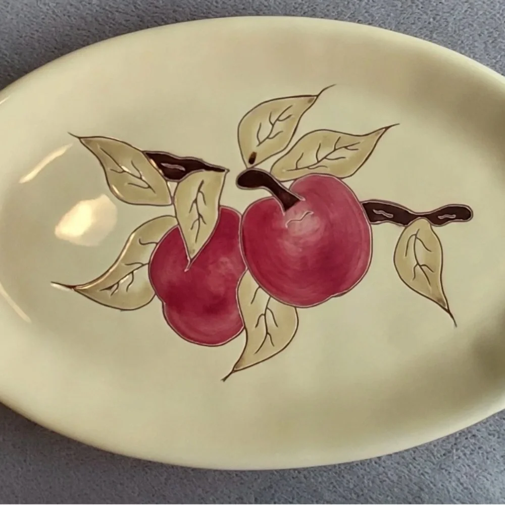 Stoneware Serving Platter Small Oval Yellow Hand-Painted Apples Russ Berrie
